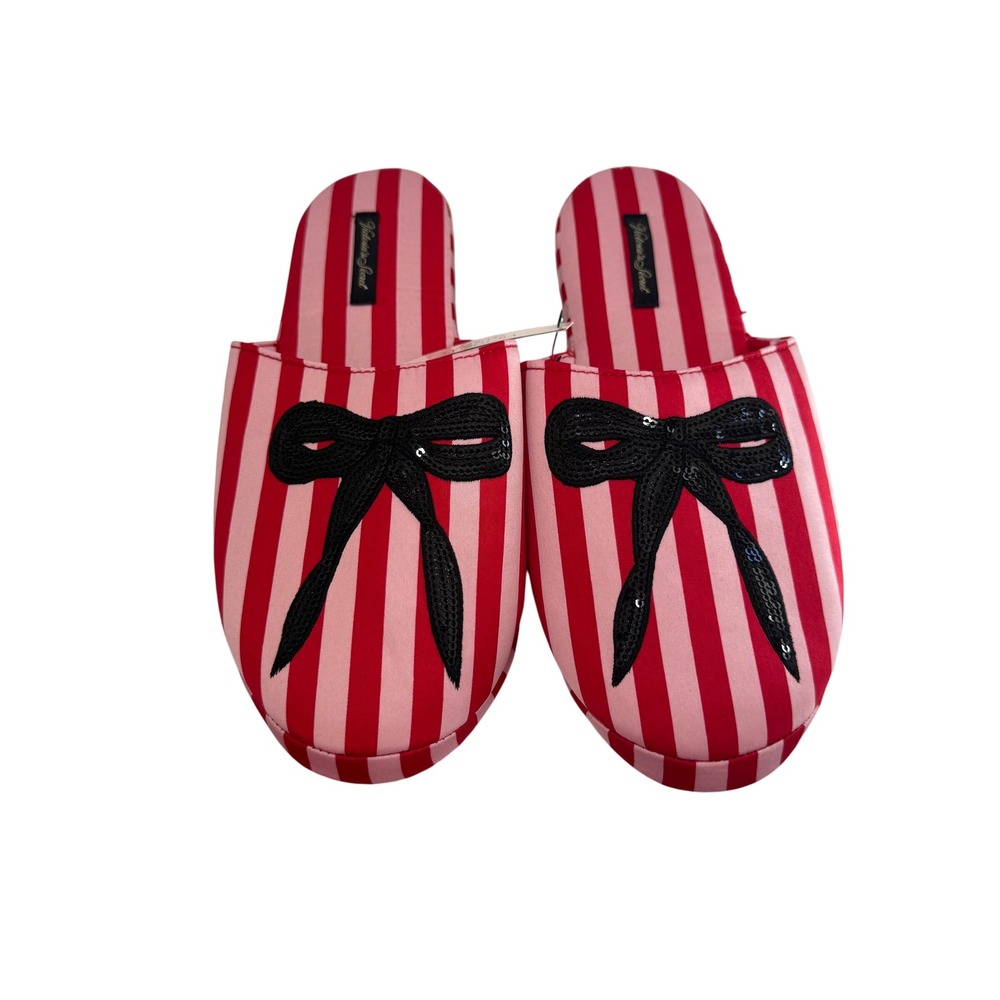 Victoria's Secret Pink Red Striped Sequin Bow Slippers Slides House Shoes New